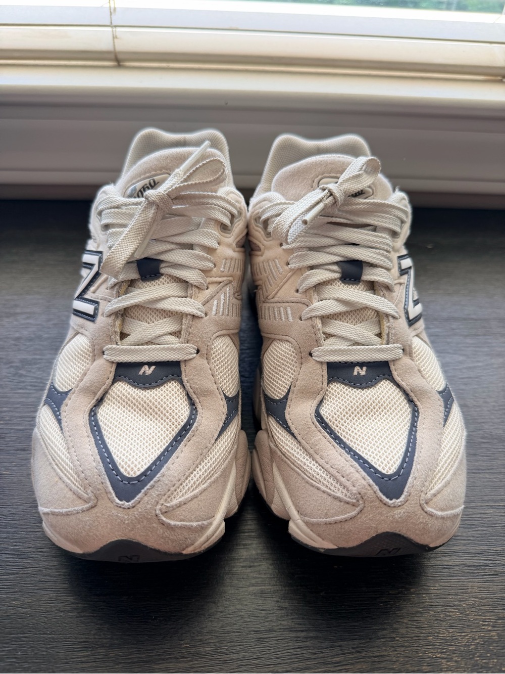 New Balance 9060 Cream Mesh & Dark Gray- Blueish Accent Sneakers